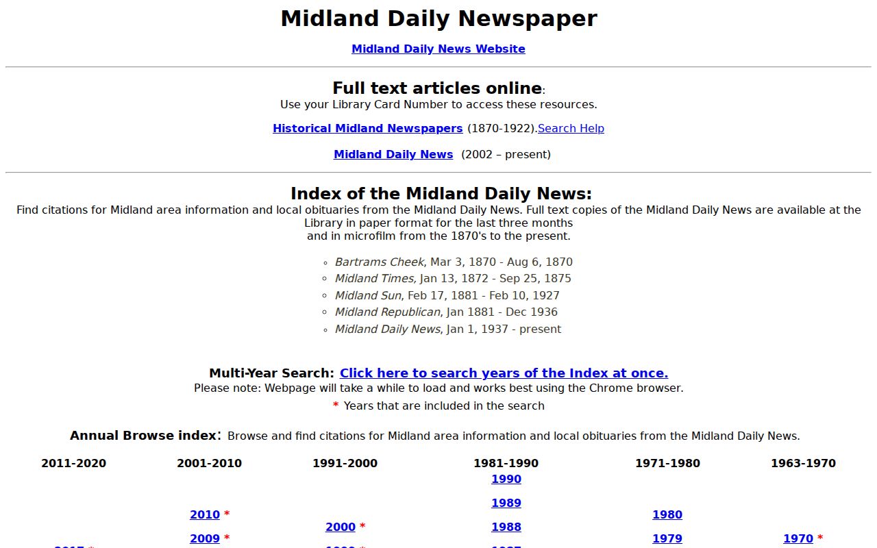 Midland city directory newspaper index and historical holdings page